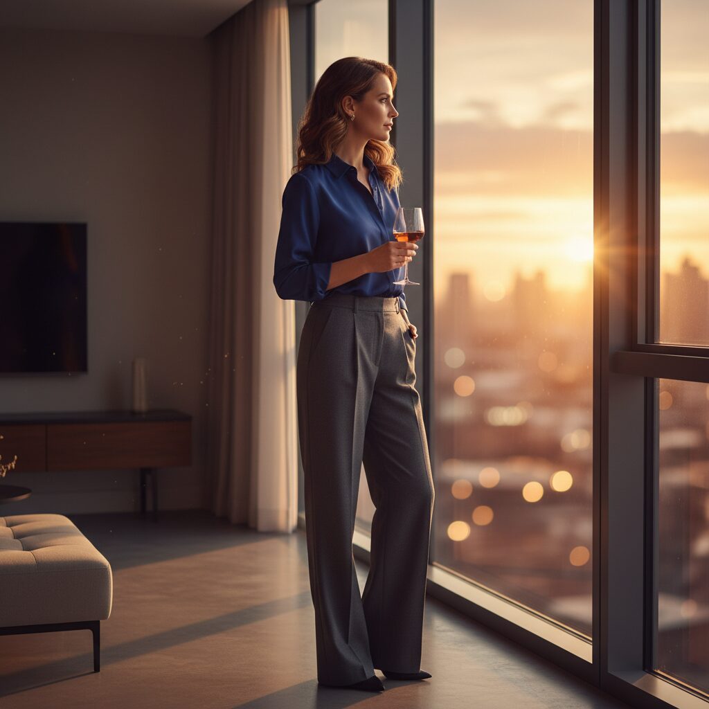 洗練された窓際で物思いにふける女性のイメージ。松本まりかさんの内面的な美しさと自立した結婚観を表現。