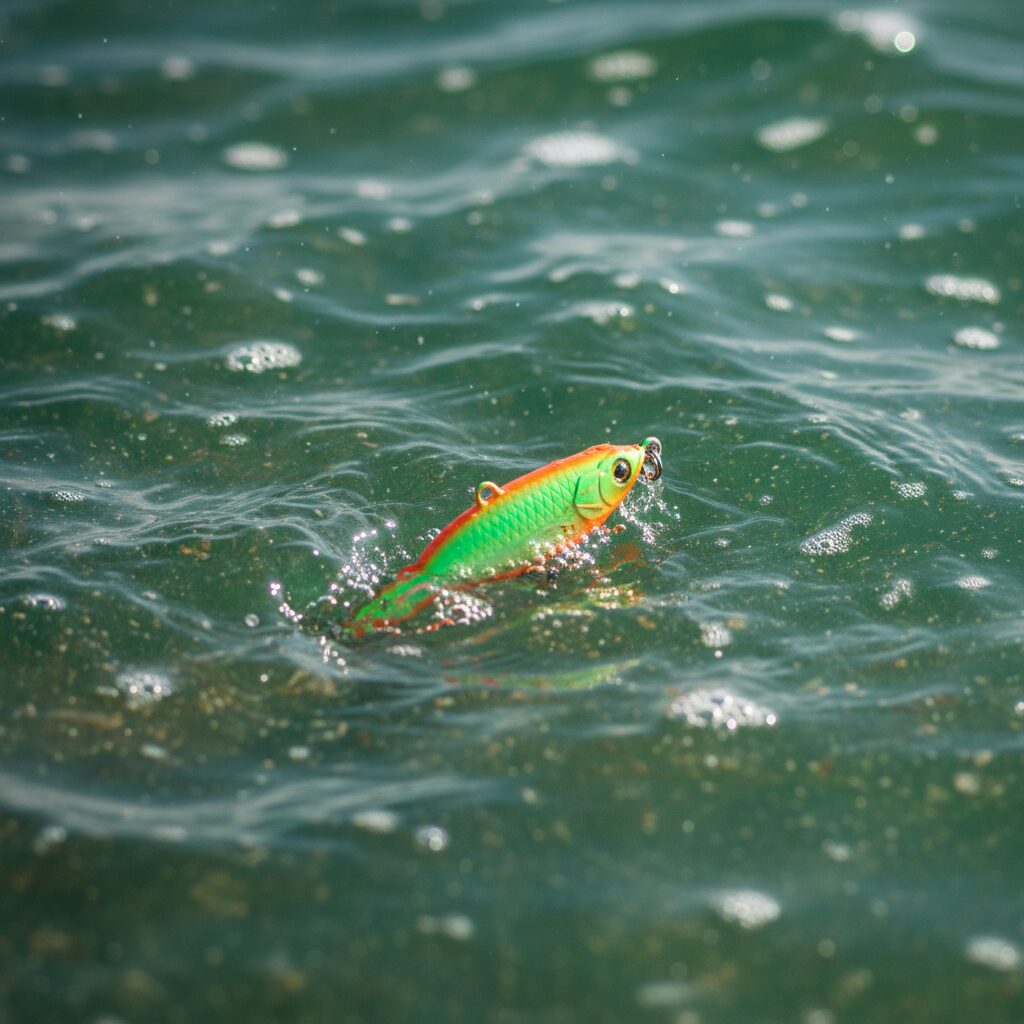 エギ王Kの新色グリーンエナジーが水中を漂う様子を描いたイメージ画像。緑のボディとオレンジの背中が特徴的。