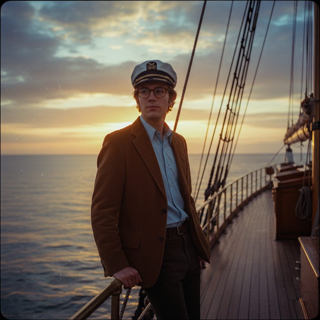船の上で海を見つめる知的な雰囲気の男性のイメージ画像