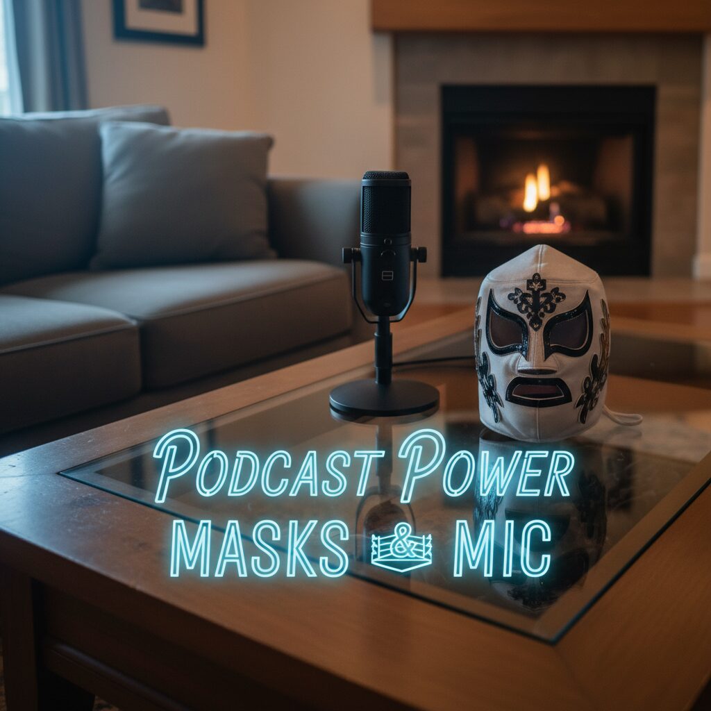 マイクとプロレスマスクが置かれたリビングの風景