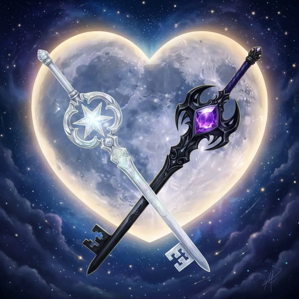 キングダムハーツを象徴する2本のキーブレード「約束のお守り」と「過ぎ去りし思い出」が交差する幻想的なイメージ