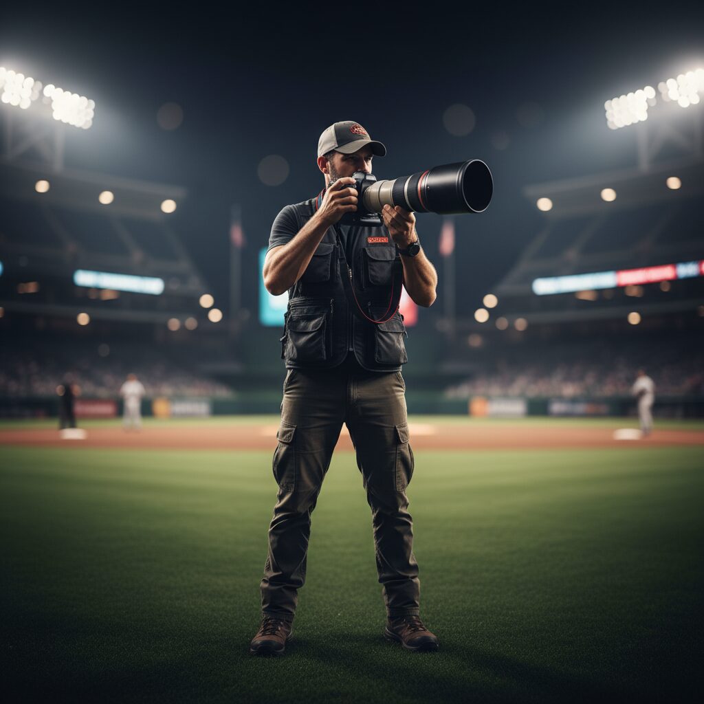 プロ用カメラを構えるカメラマンと野球場の背景
