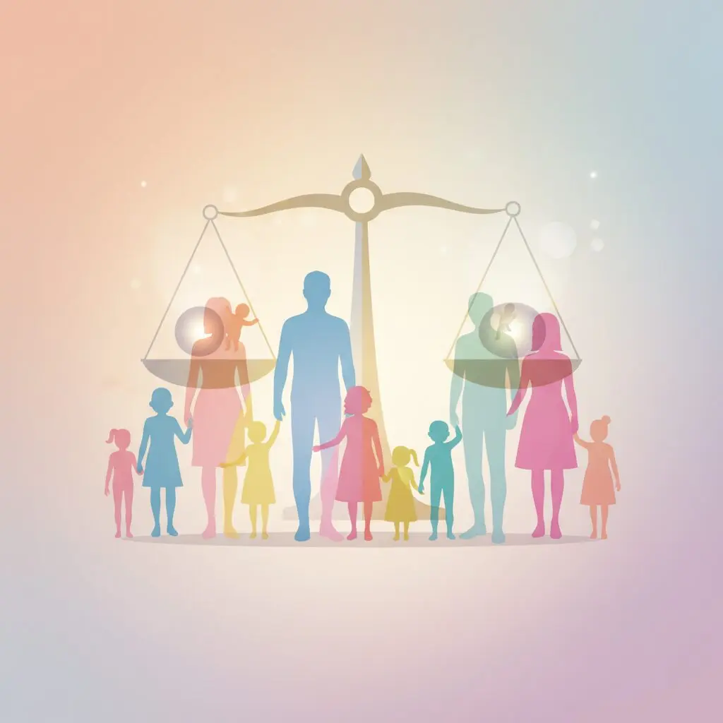 A conceptual image representing modern family diversity, featuring abstract silhouettes of various family structures and scales of justice, under soft warm sunlight.
