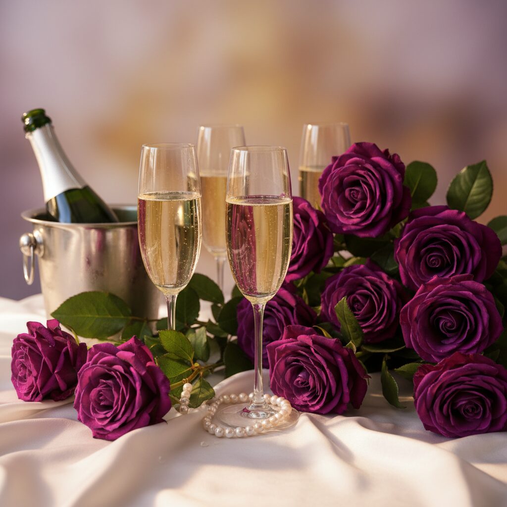 SUPER EIGHT村上信五さんのイメージカラーである紫のバラと、祝福を象徴するシャンパングラスが並ぶ華やかなイメージ