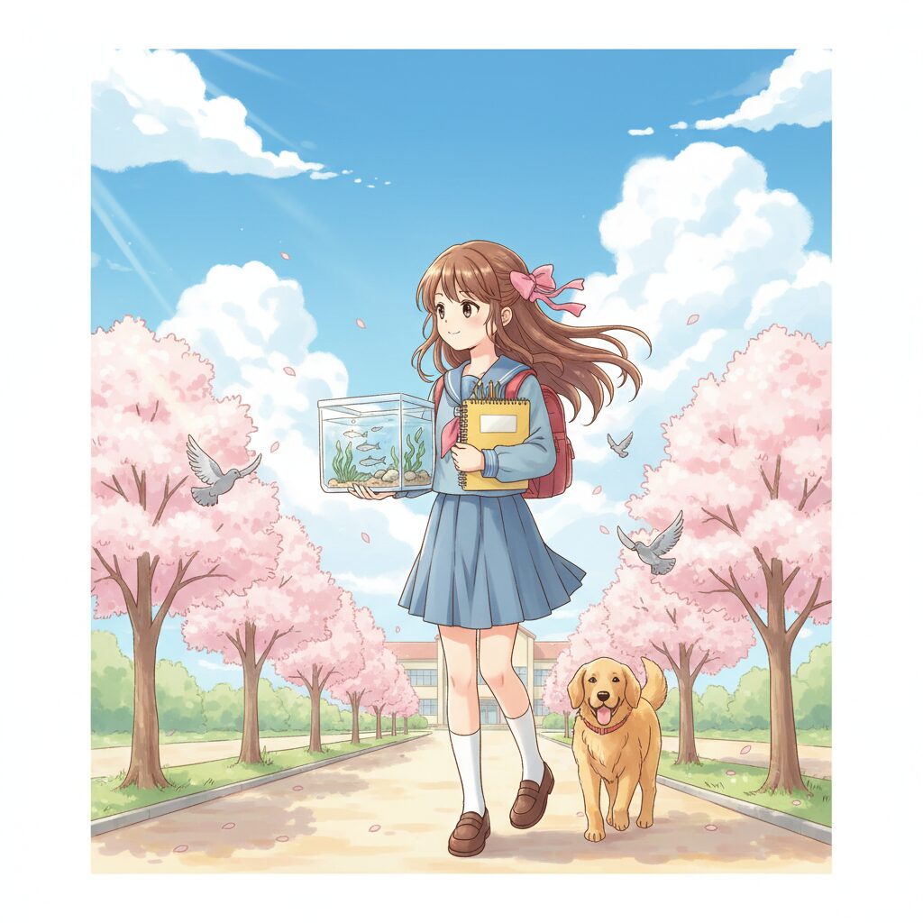 明るい空の下、絵の具セットやメダカの水槽を持って元気に登校する小学生のイメージイラスト