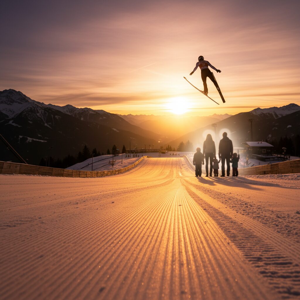 A cinematic view of a ski jumping hill at sunset with a warm golden glow symbolizing hope and family support.