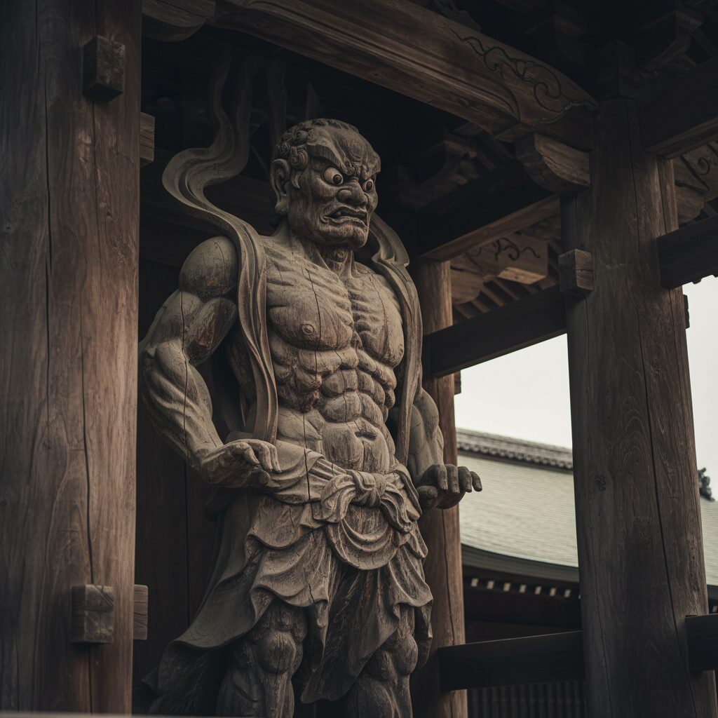 東大寺南大門に鎮座する迫力ある金剛力士像のクローズアップ