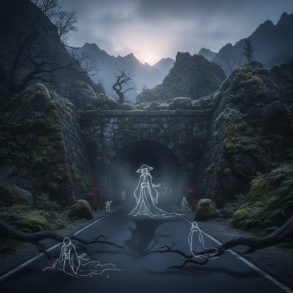 霧に包まれた夜の不気味な笹子トンネルの入り口と山道の風景