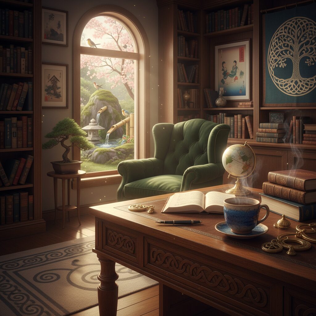 アイルランドと日本の文化が融合した温かみのある書斎のイメージ