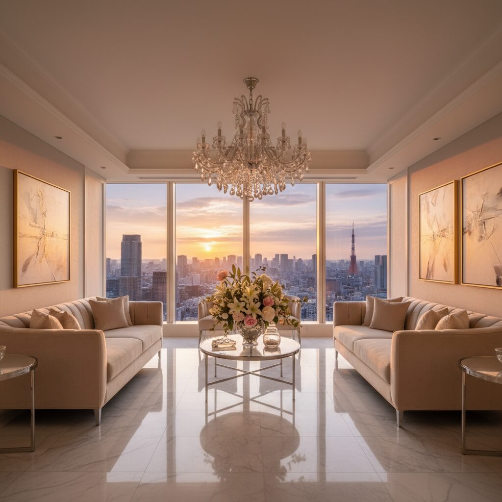 高級感あふれる東京の夜景とエレガントなリビングルームのイメージ。神田愛花さんのお嬢様育ちを象徴する豪華な内装。