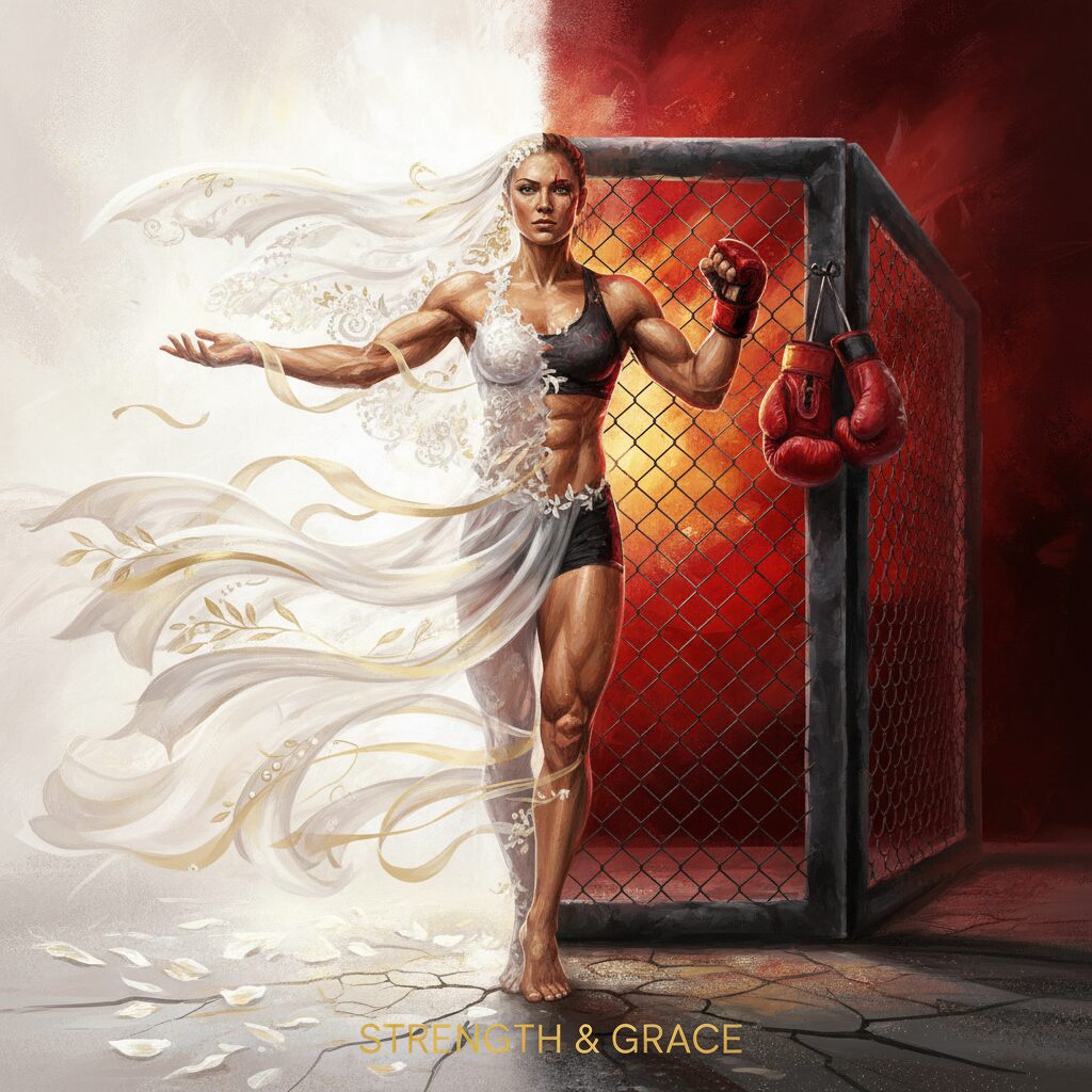 A powerful and elegant female fighter standing between the imagery of a wedding veil and a fighting ring, symbolizing love and strength.