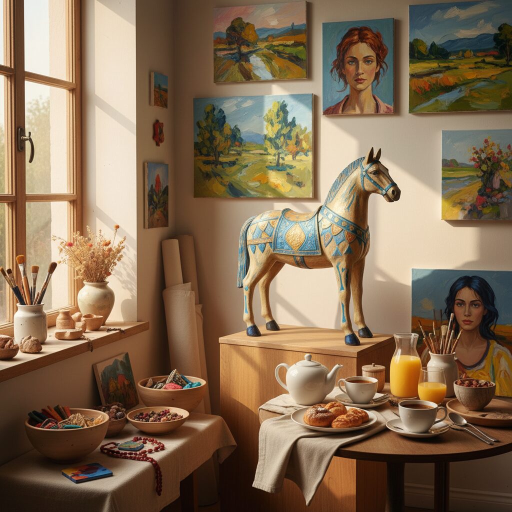 安田成美さんと木梨憲武さんの子供たちの成長とクリエイティブな活動を象徴する、温かみのあるアトリエと手作り作品のイメージ