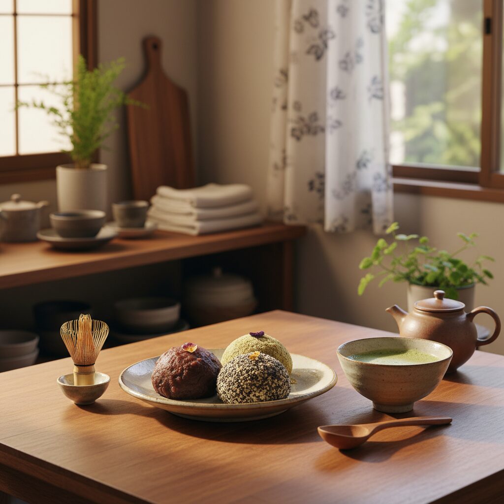ホラン千秋さんの料理上手な母親をイメージした、色鮮やかで美味しそうな手作りおはぎと和風キッチンの風景。