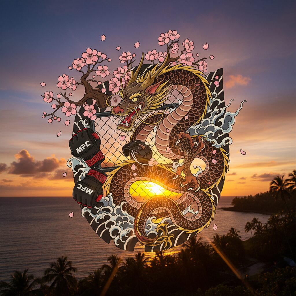 Two symbolic martial arts figures representing the legacy of Yamamoto Miyu and Enson Inoue, stylized with traditional Japanese motifs and modern MMA gear.