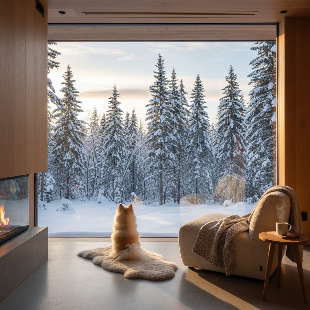 カナダの美しい雪景色と窓辺でくつろぐポメラニアンのイメージ