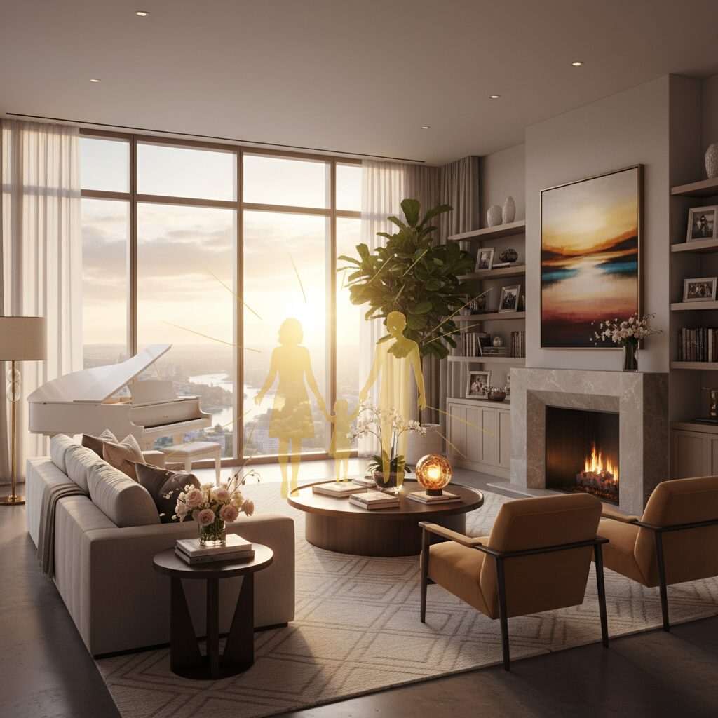 母親への深い愛と家族の絆を象徴する、暖かな光に包まれたリビングルームのイメージ