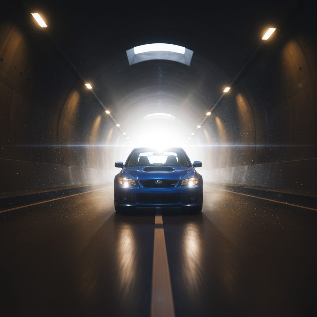 トンネルの出口へ向かって走る青いスポーツカーのイメージ図