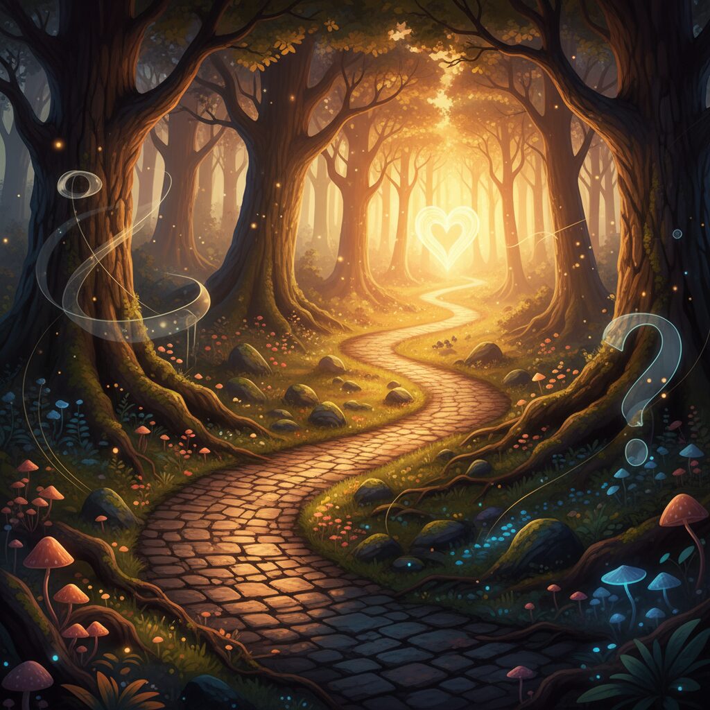 A serene and reflective scene showing a path splitting into two under a soft sunset sky, symbolizing life choices and new beginnings.