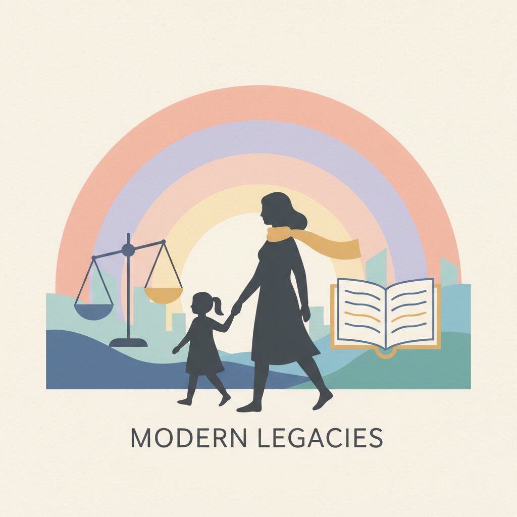 多様な家族の形を象徴する、抽象的で温かみのあるモダンなイラスト。女性と子供のシルエットが描かれている。