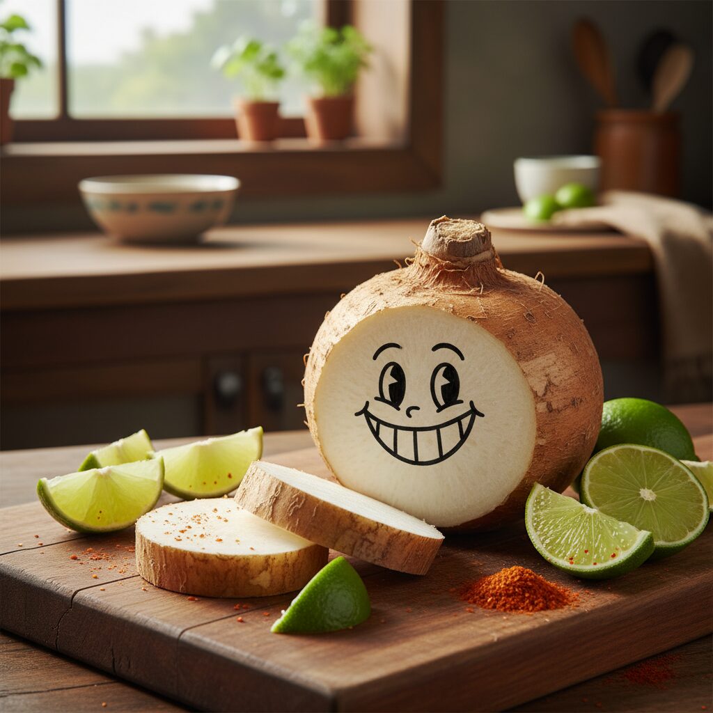 ヒカマの全体とカットされた断面、ライムとスパイスを添えた様子