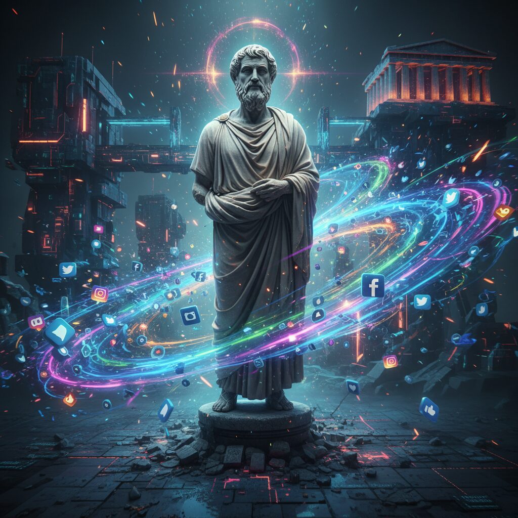 古代ギリシャの哲学者と現代のデジタルデータの奔流が交差するイメージ画像