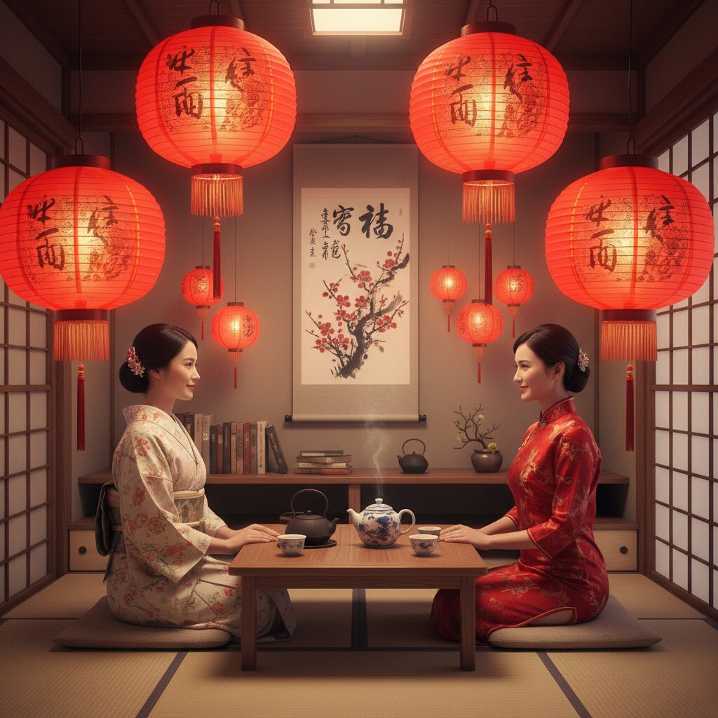 日本の伝統的な和室と、中国のランタンが融合した幻想的でアーティスティックな空間のイメージ画像