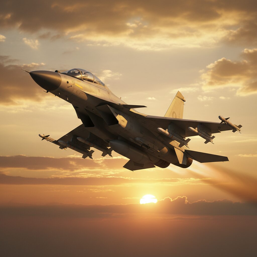 夕焼けの空を飛行する最新鋭のJF-17サンダー戦闘機。機体の洗練されたラインと夕日の反射が印象的なミリタリーアート。