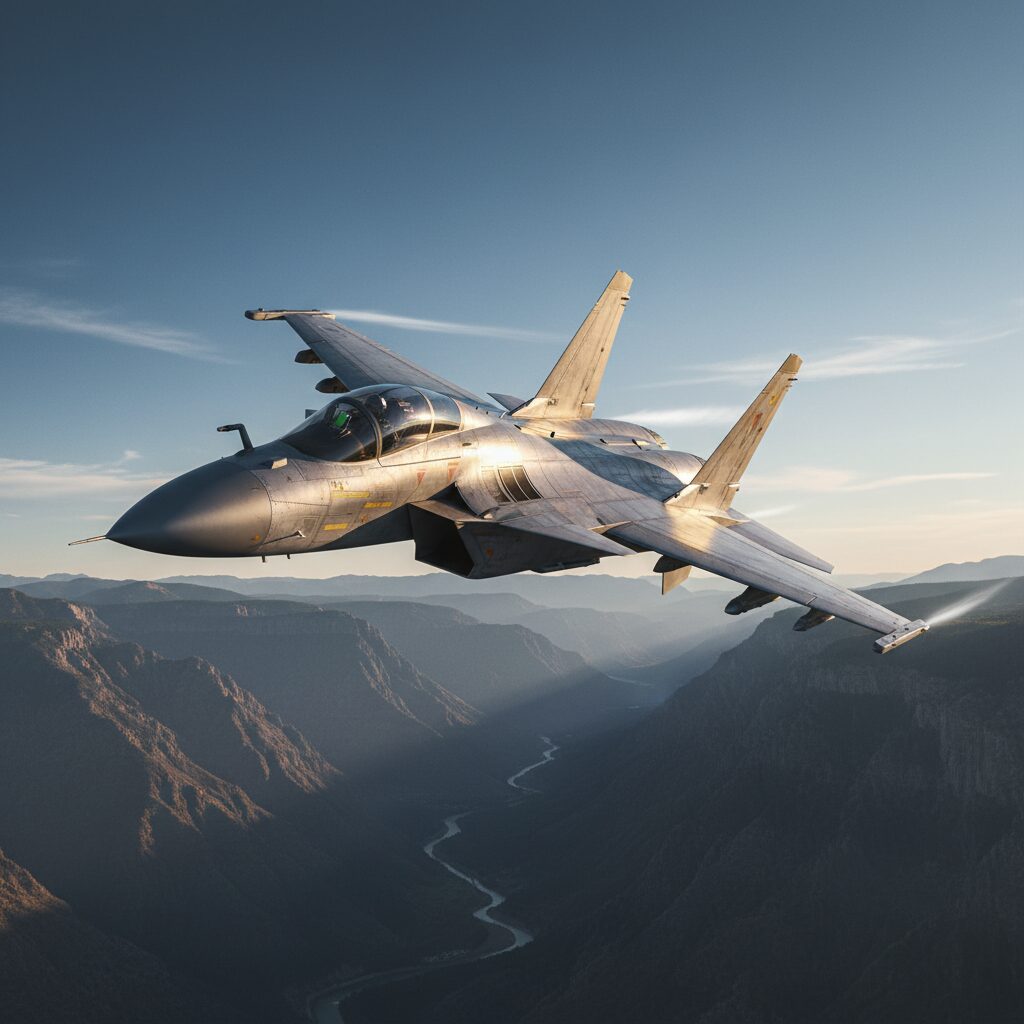 青空を飛行する最新鋭のJF-17Cサンダー戦闘機。洗練された機体デザインと迷彩塗装が特徴。