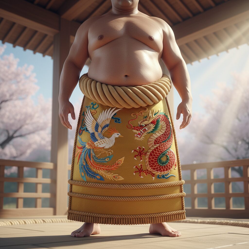 伝統的な相撲の土俵と、豪華な刺繍が施された化粧廻しのイメージ