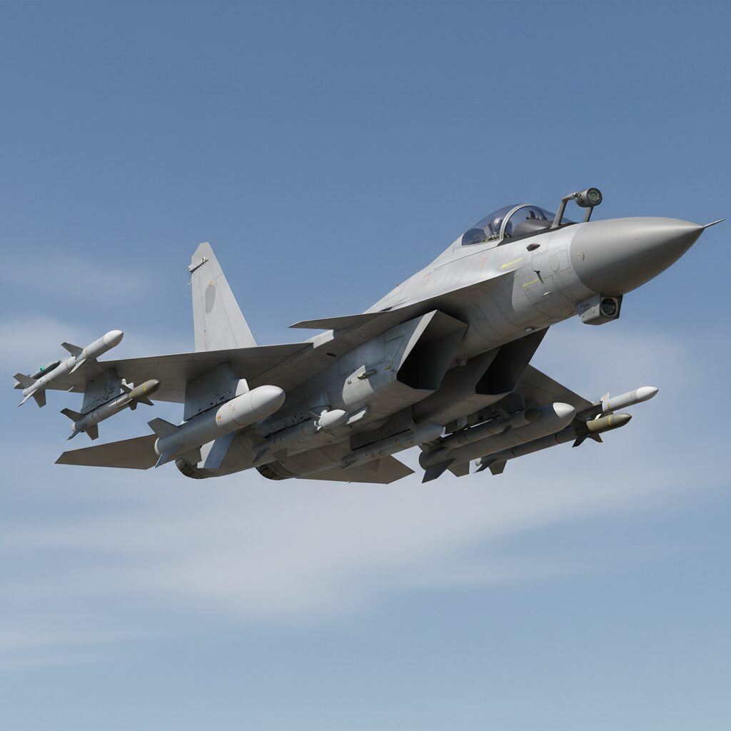 青空を飛行する最新鋭戦闘機JF-17 Block 3のイメージ。先進的なアビオニクスとミサイルを装備した機体。