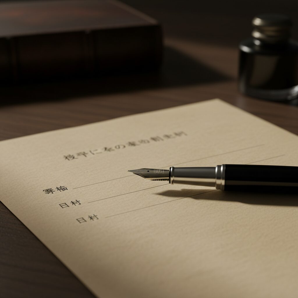 白い紙にペンが置かれた、白紙委任状のリスクを象徴する静謐で厳かなイメージ画像