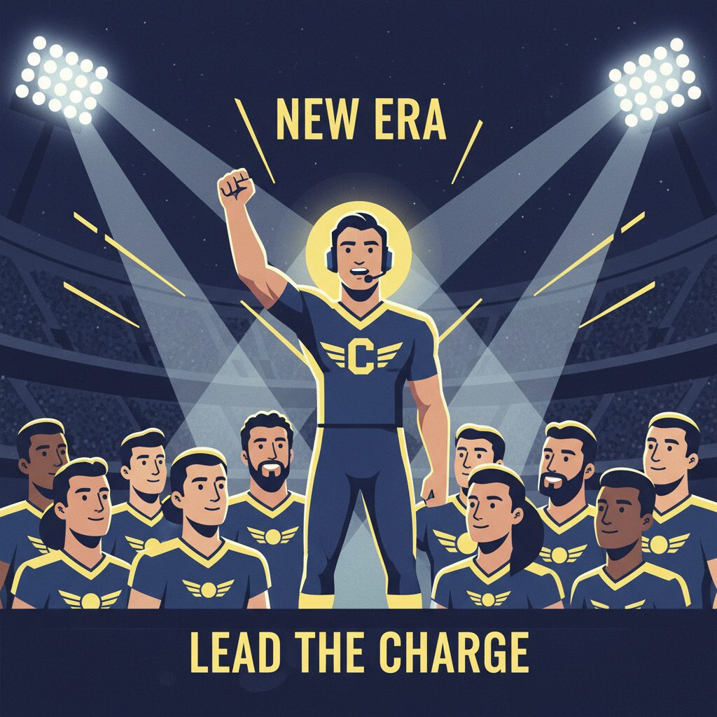 新キャプテンがチームの前で力強く挨拶をする様子を描いたイラスト