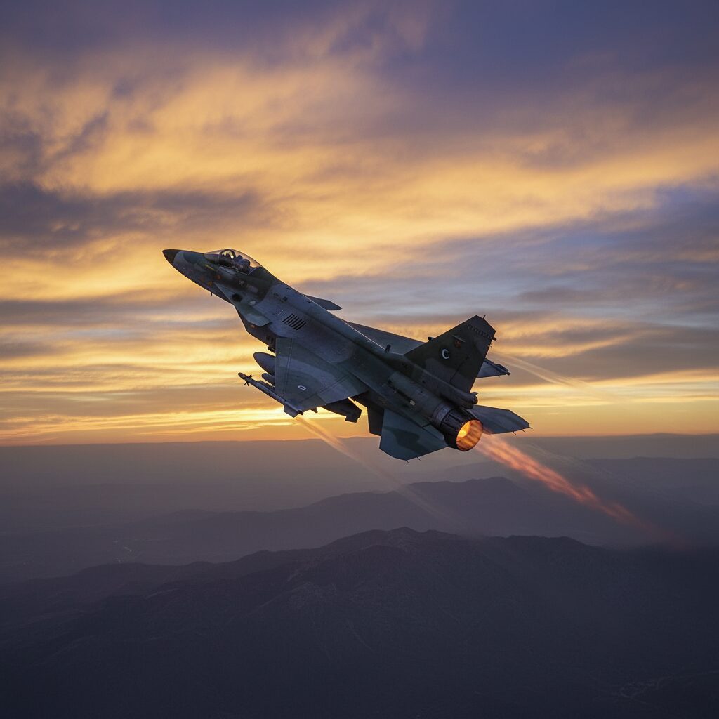 JF-17 Thunder fighter jet flying through a sunset sky with clouds