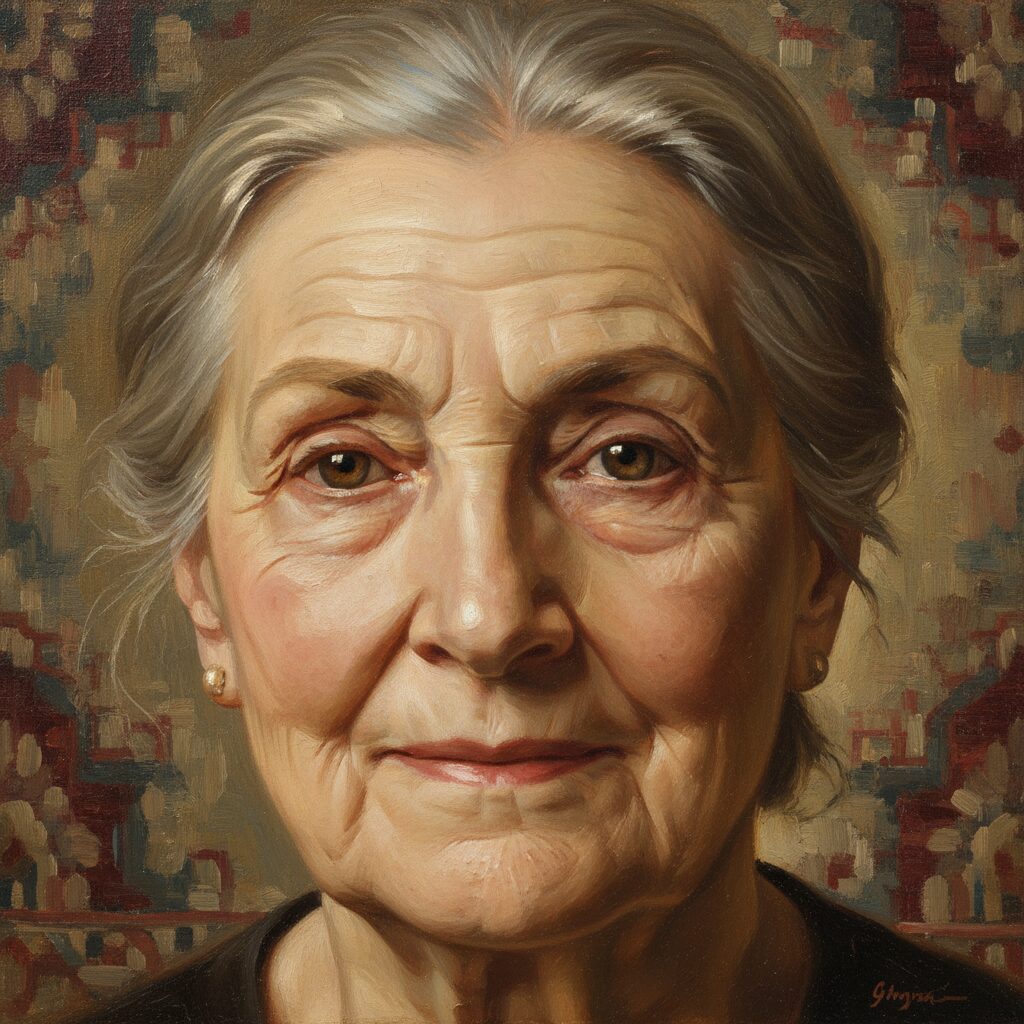 上品な高齢女性の目元と美しく整えられた眉毛を捉えた、気品あふれる油絵調のイメージ