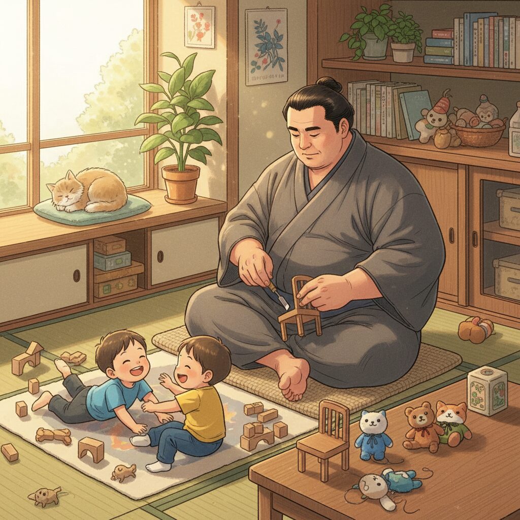 家で子供のために手作りイスを作る力強い力士の温かい風景