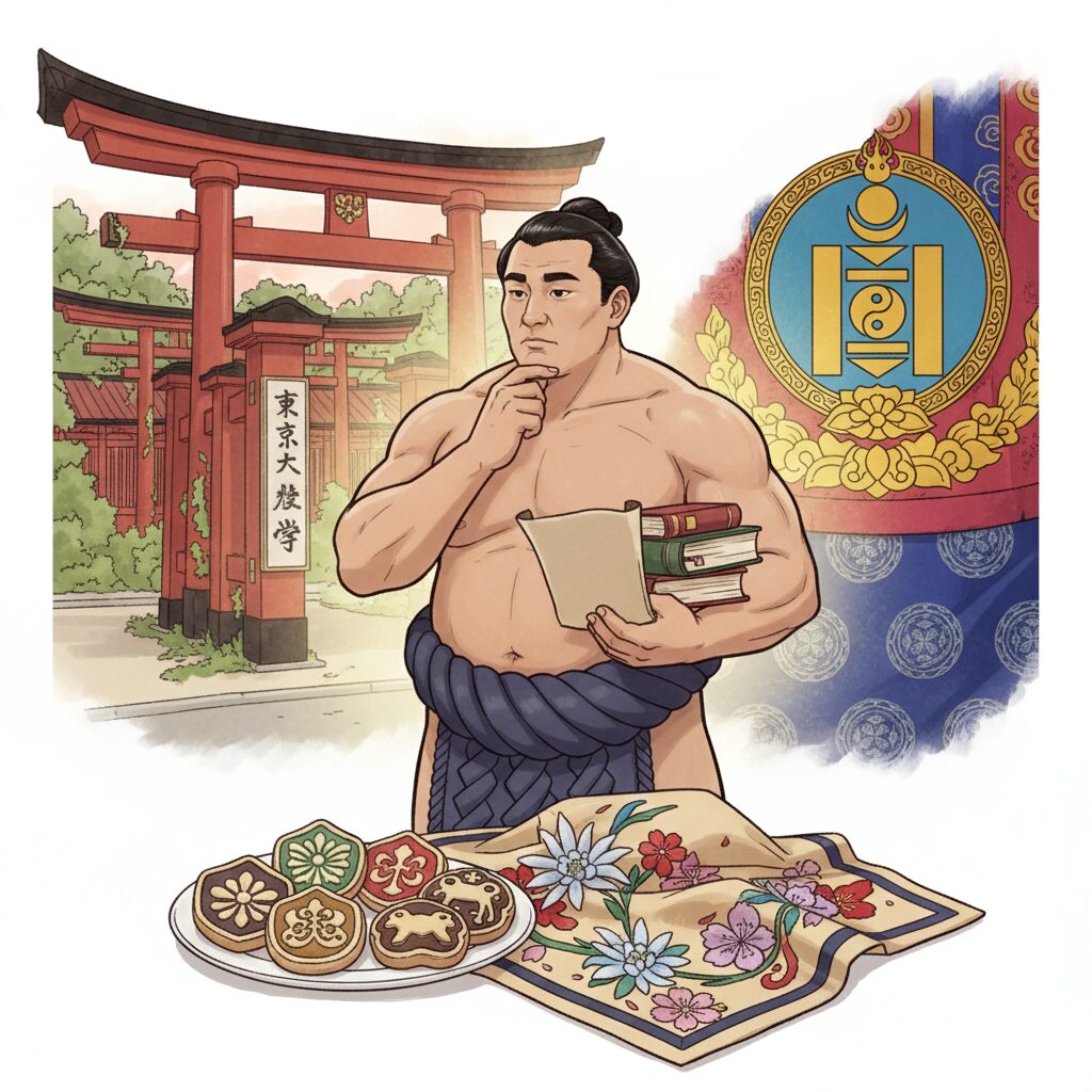 大相撲の玉鷲関と東京大学の象徴的な赤門、そして手作りのクッキーや刺繍が並ぶイメージ画像