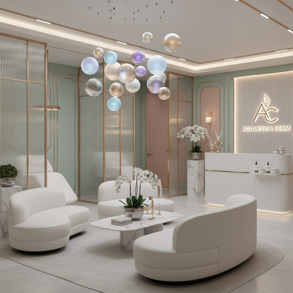 A sophisticated beauty clinic setting with symbols of skincare like collagen and hyaluronic acid, representing aesthetic treatments.