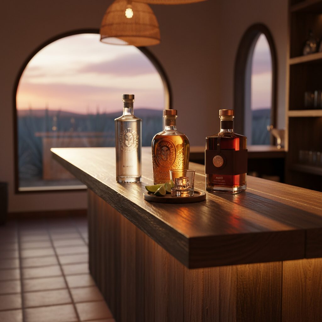 メキシコの夕暮れ時、バーカウンターに置かれたカサミゴスのテキーラボトルとライム。高級感あふれるライフスタイルを象徴するイメージ。