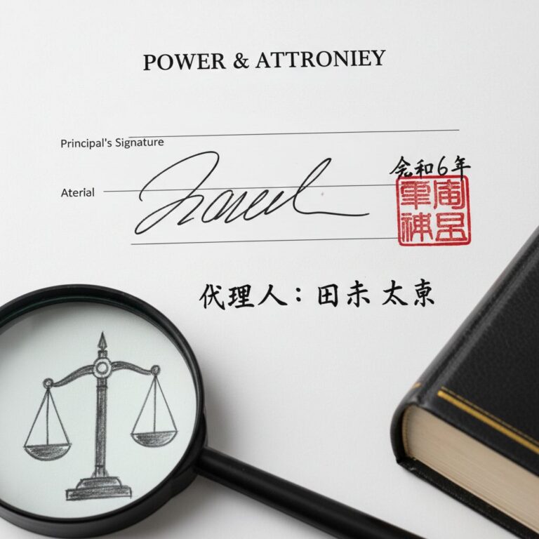 白い紙に署名と印鑑が押された白紙委任状と、それを分析する虫眼鏡や法典のイメージ図