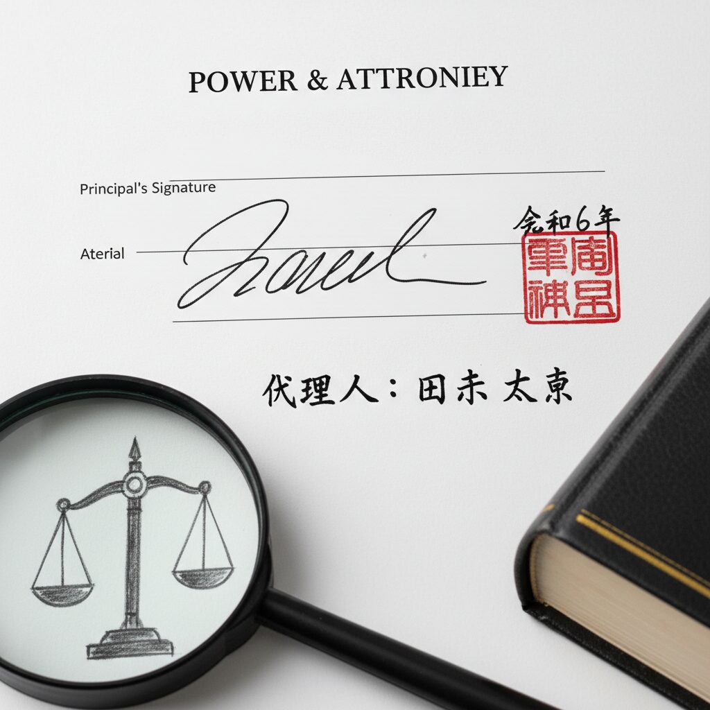 白い紙に署名と印鑑が押された白紙委任状と、それを分析する虫眼鏡や法典のイメージ図