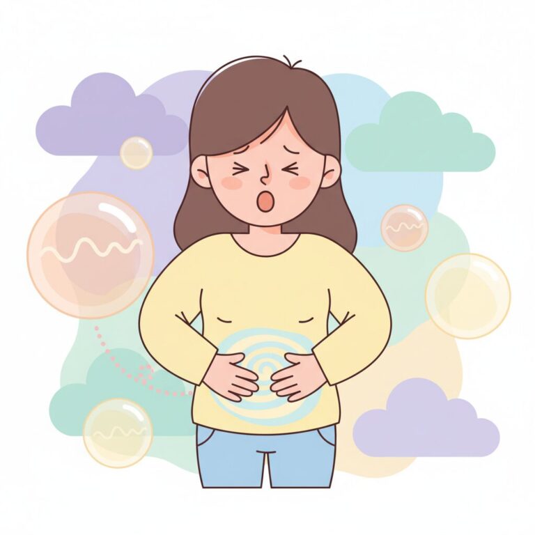 お腹を抱えるキャラクターのパステル調イラスト