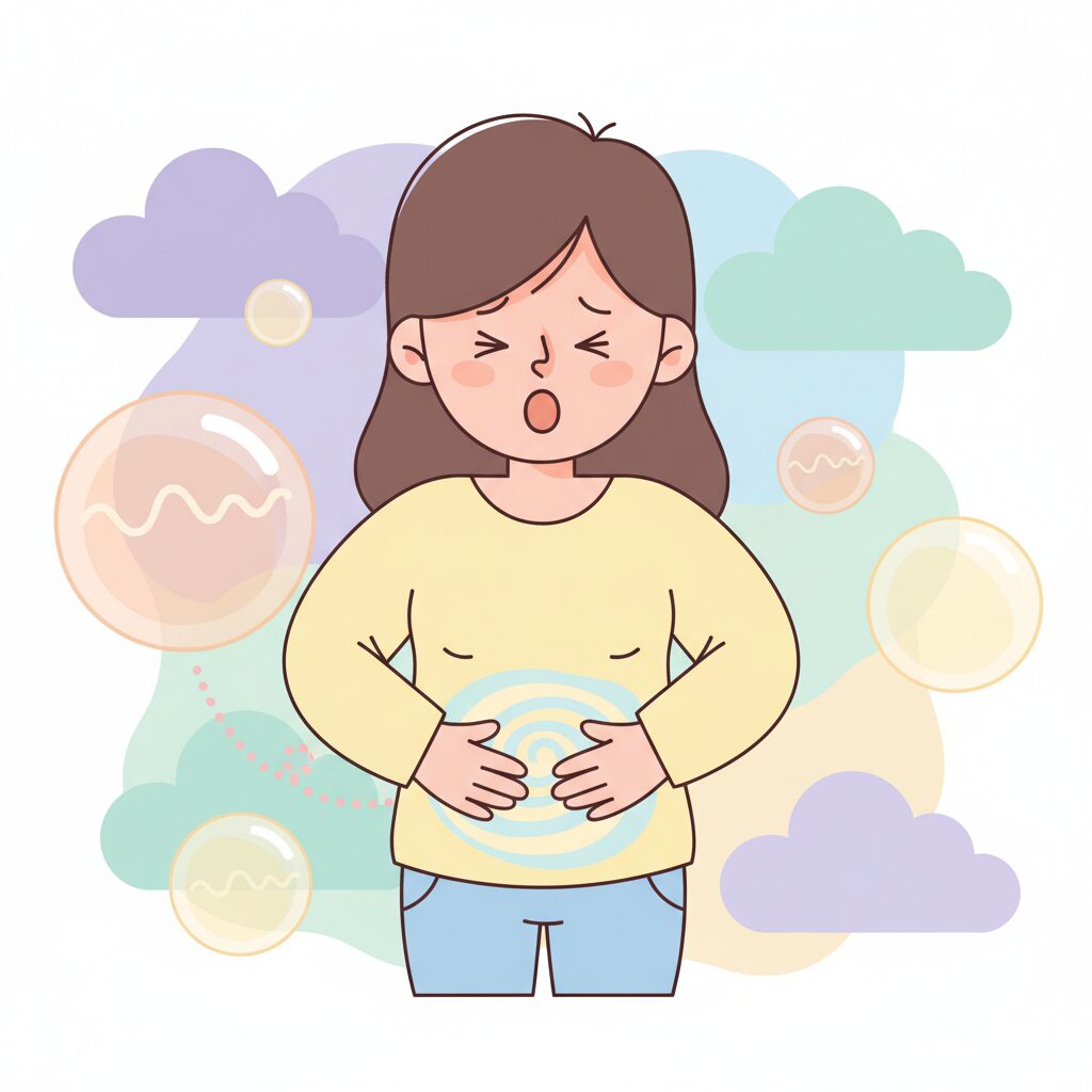 お腹を抱えるキャラクターのパステル調イラスト