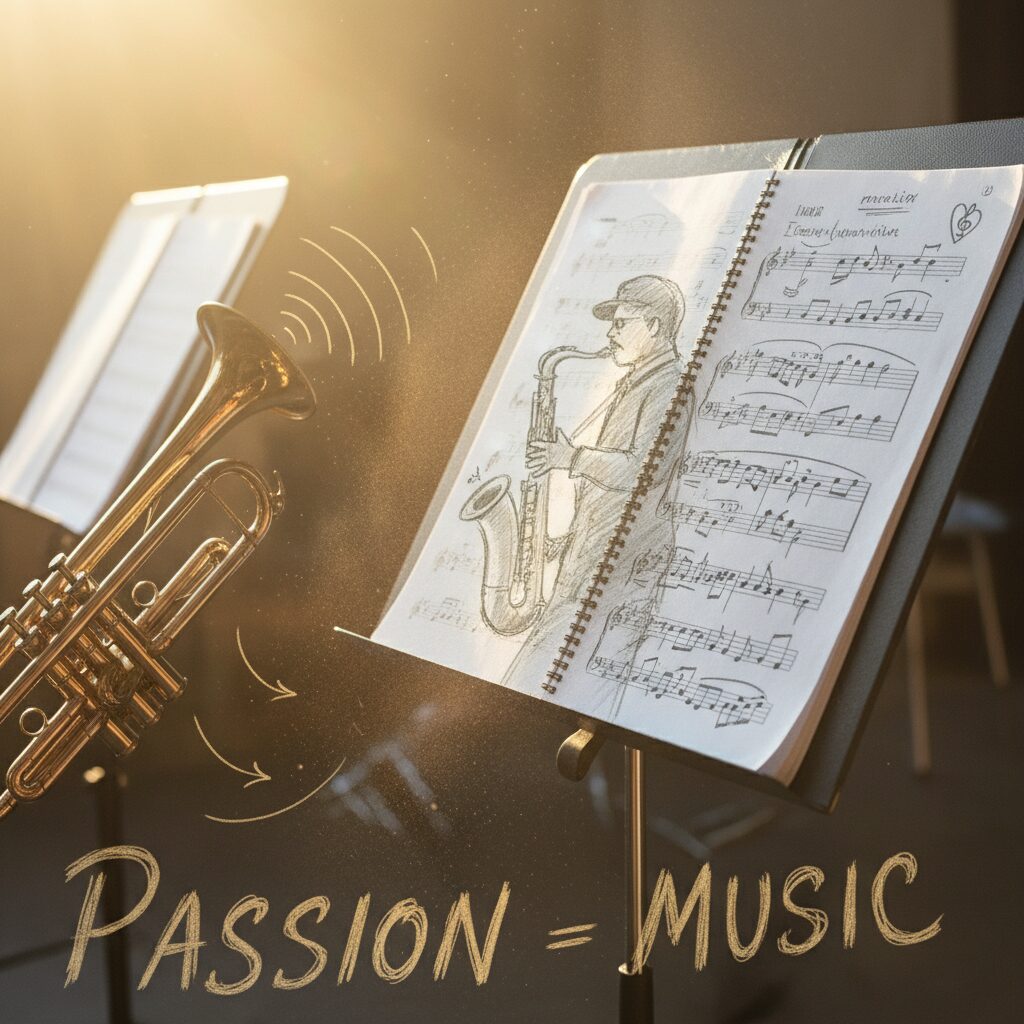 夕暮れの音楽室に置かれた楽器と書き込みだらけの楽譜