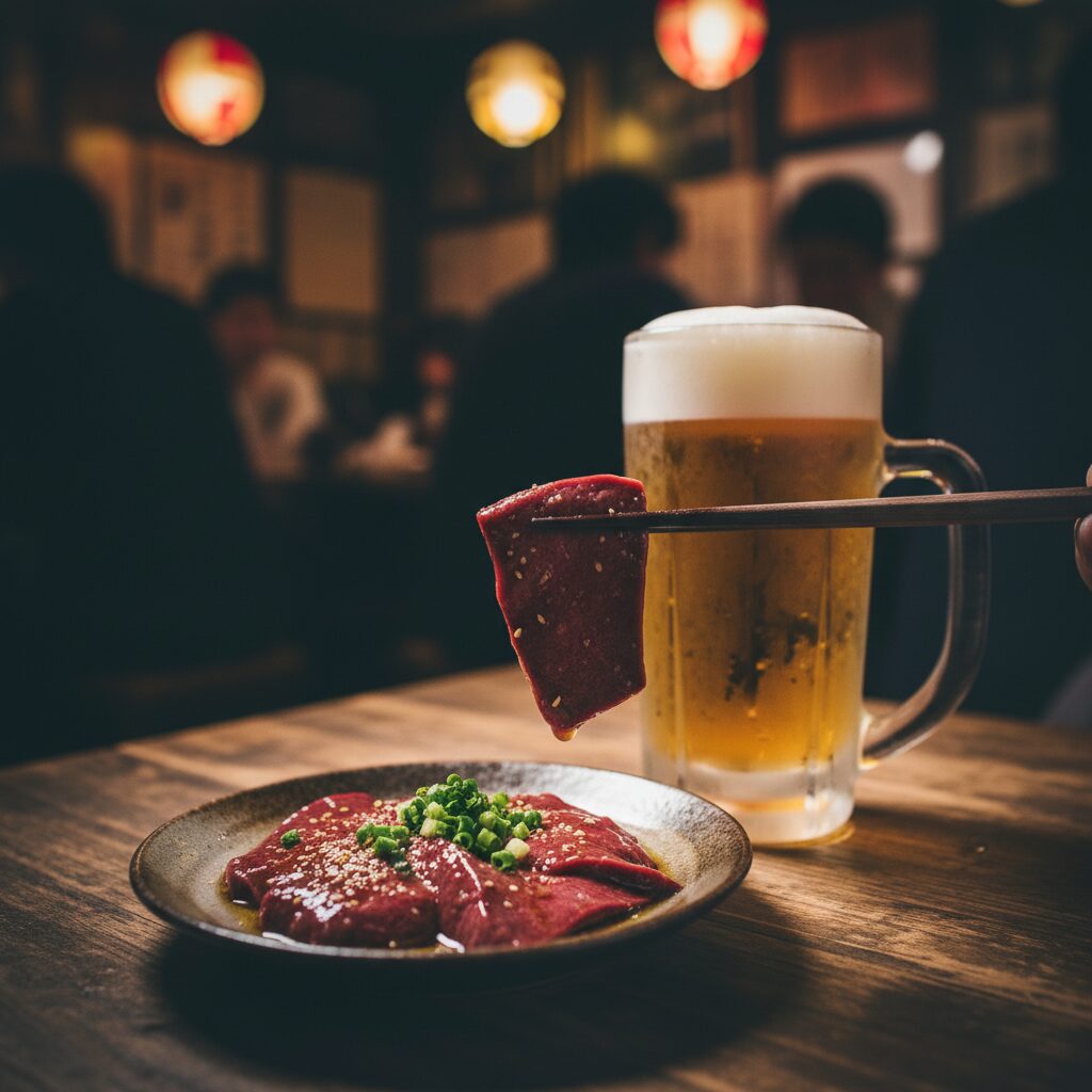 暗い店内で提供される、 sesame oilと塩が添えられた生レバーの皿。法律で禁止されていることを示唆する緊張感のある雰囲気。