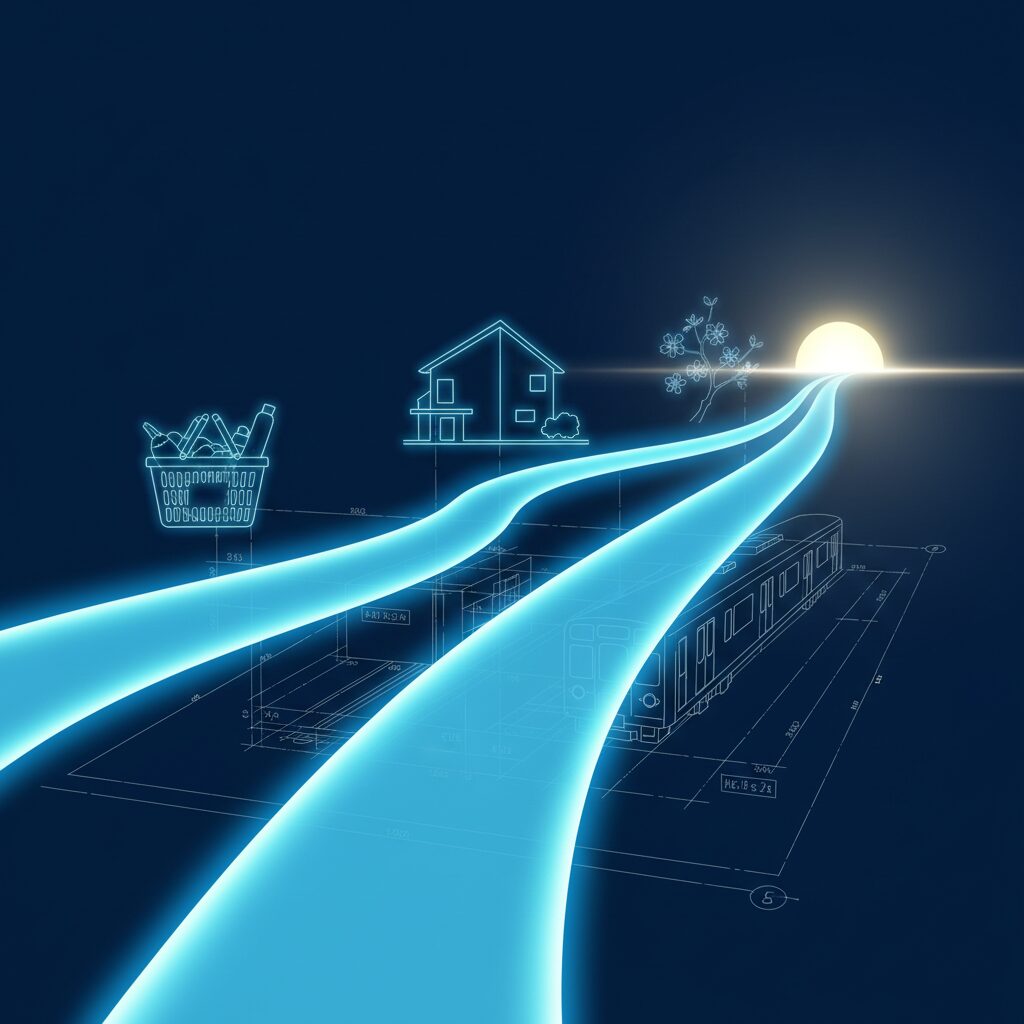 青を基調とした日本の政治改革を象徴するコンセプトイメージ。二つの流れが一つに合わさり、未来を照らす光に向かう様子。