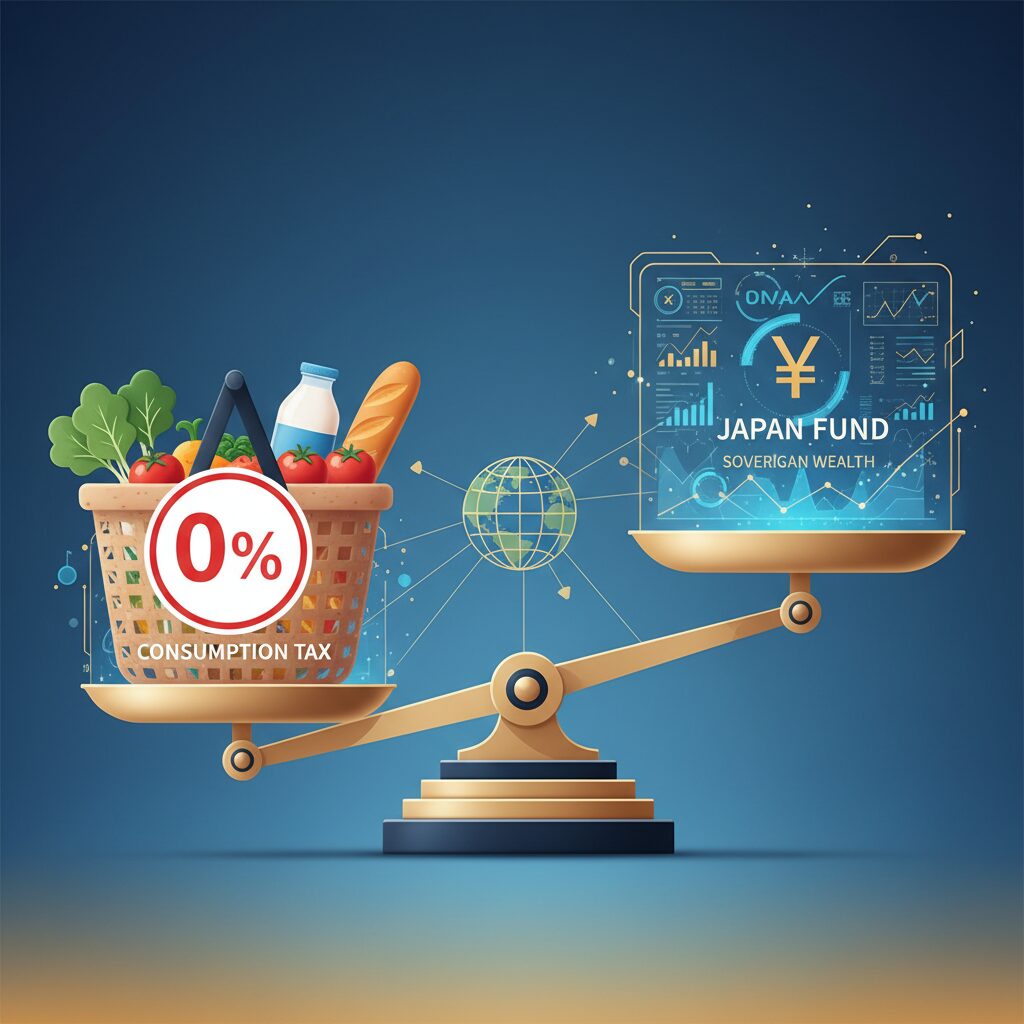 食料品の消費税ゼロを掲げる新党「中道改革連合」の政策とジャパンファンドをイメージした画像