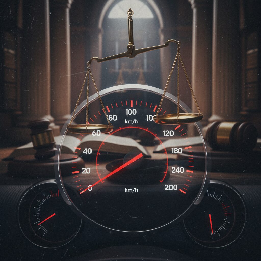 Speedometer at 194km/h and the scales of justice representing the court ruling.
