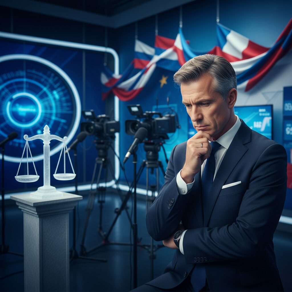 ニューススタジオのような背景と、ジャーナリズムを象徴するイメージ画像