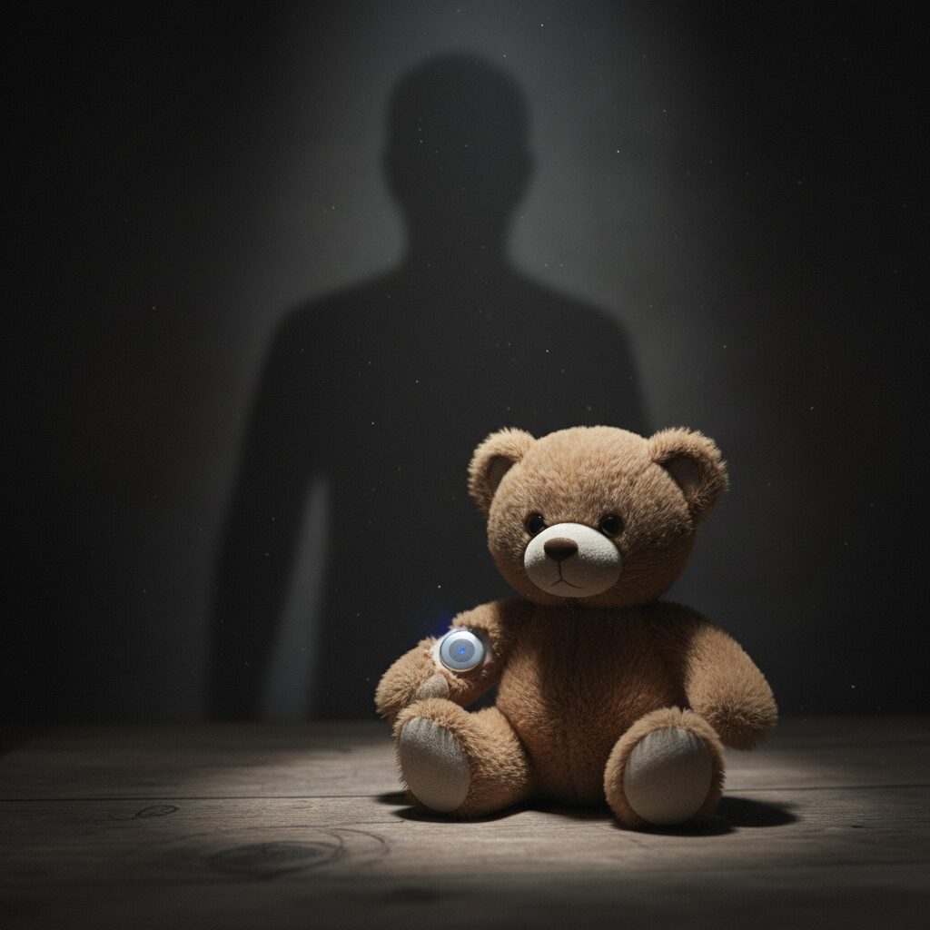 ぬいぐるみの縫い目からチラリと見える小型の発信機と、それを監視するような不気味な影のイメージ