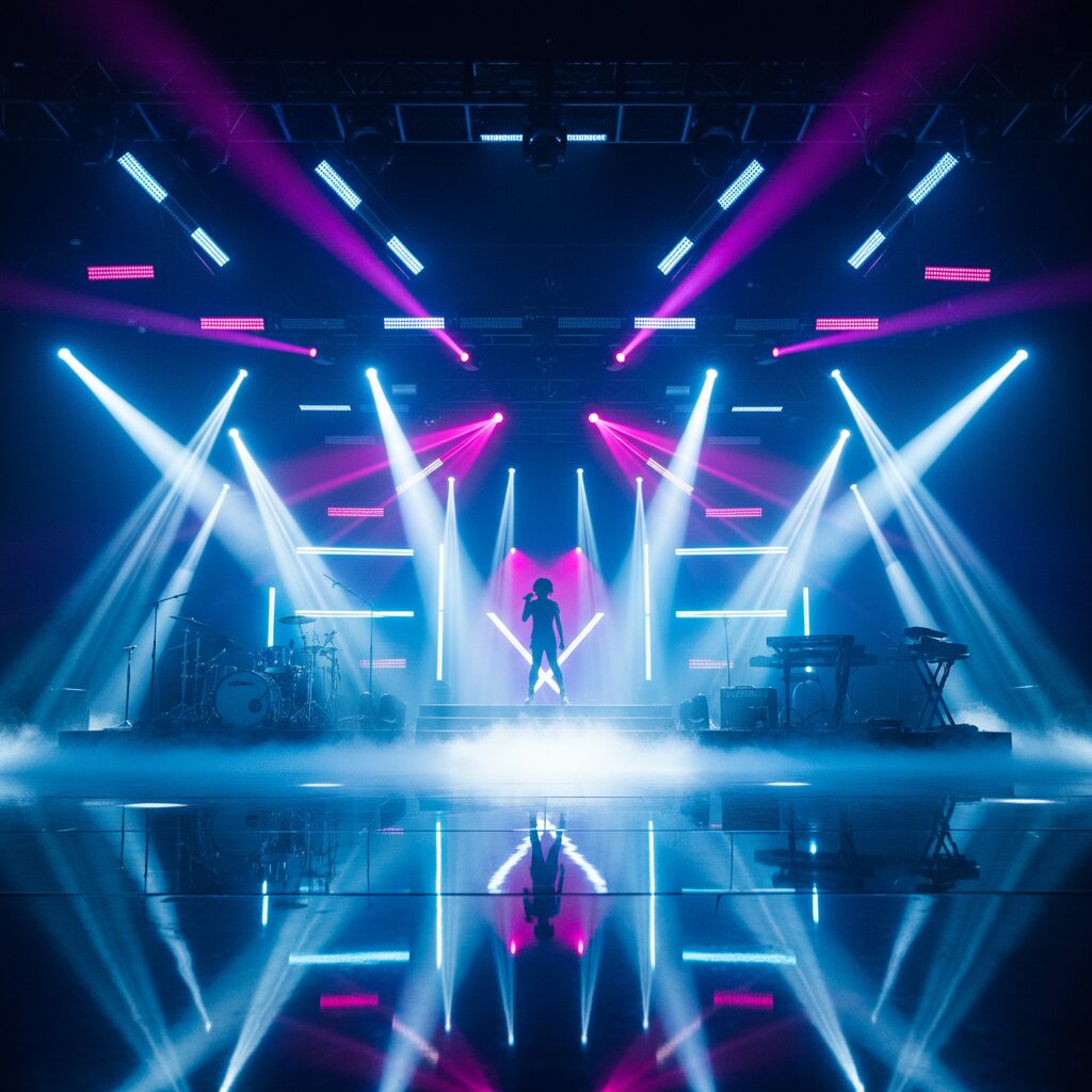 A stylish stage light illuminating a modern dance floor with a cool blue and white aesthetic, symbolizing a young artist's journey.